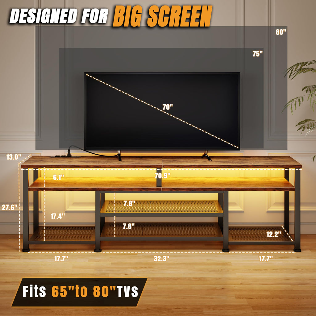 TV Stand for 70/75/80 inch TV, 71 in Entertainment Center with LED Lights and Power Outlets, TV Console Table with
