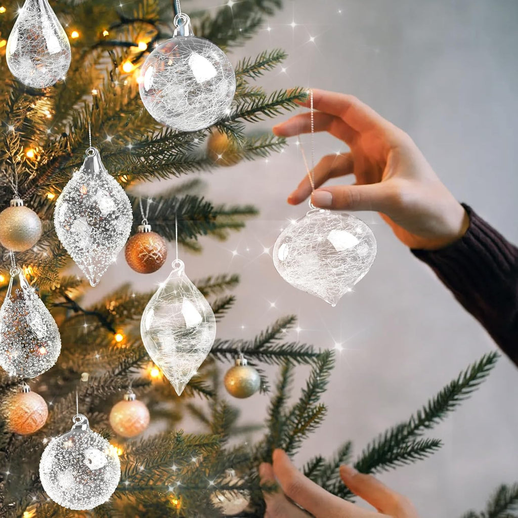 Clear Glass Christmas Ornaments,12-Pc Hand Blown Crystal Ball Decorations - Set of 12