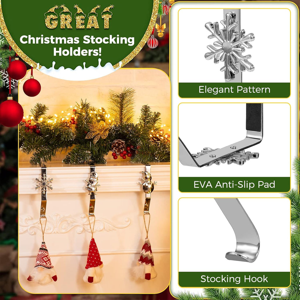 Holders for Mantle, Set of 5 Christmas Stocking Holders for Fireplace, Stocking Hangers for Mantel, Snowflake
