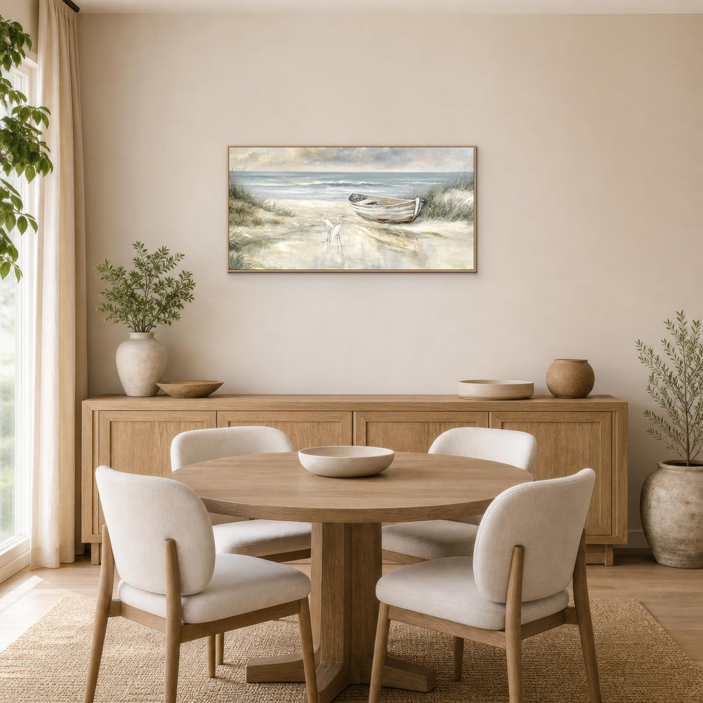 Framed Coastal Wall Art, Blue Gray Beach Canvas Print with Rowboat and Shorebirds, Horizontal Ocean Landscape