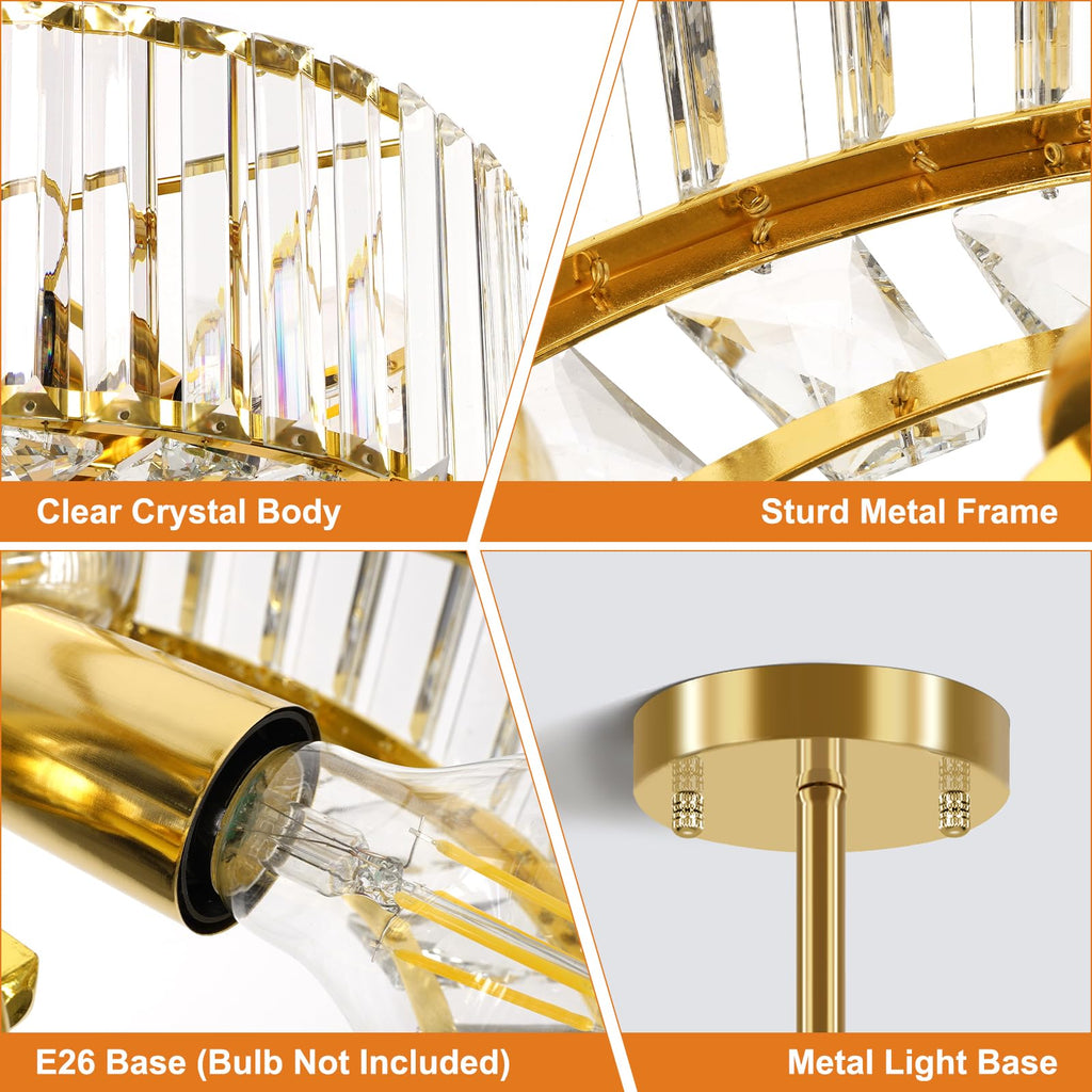 Gold Crystal Chandelier Ceiling Light - 4-Light Ceiling Light Fixture Modern Ceiling Mount Lights Chandelier for