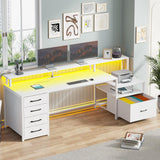 White Computer Desk with 5 Drawer & Power Outlet, 66'' Home Office Desk with File Drawer, Storage Shelves