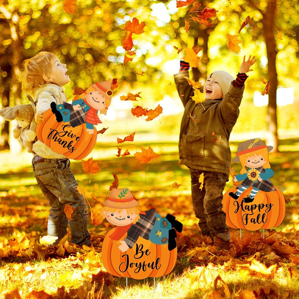 Fall Yard Signs Decorations Thanksgiving Pumpkin Yard Stakes Outdoor - Set of 3