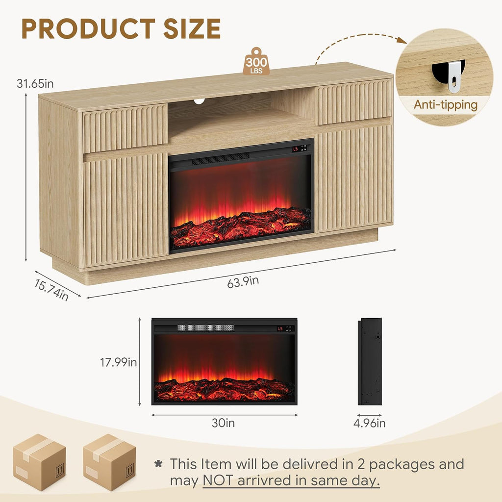 Fireplace TV Stand with 30" Electric Fireplace, Modern Fireplace Entertainment Center Fits TVs up to 70", Fluted Wood
