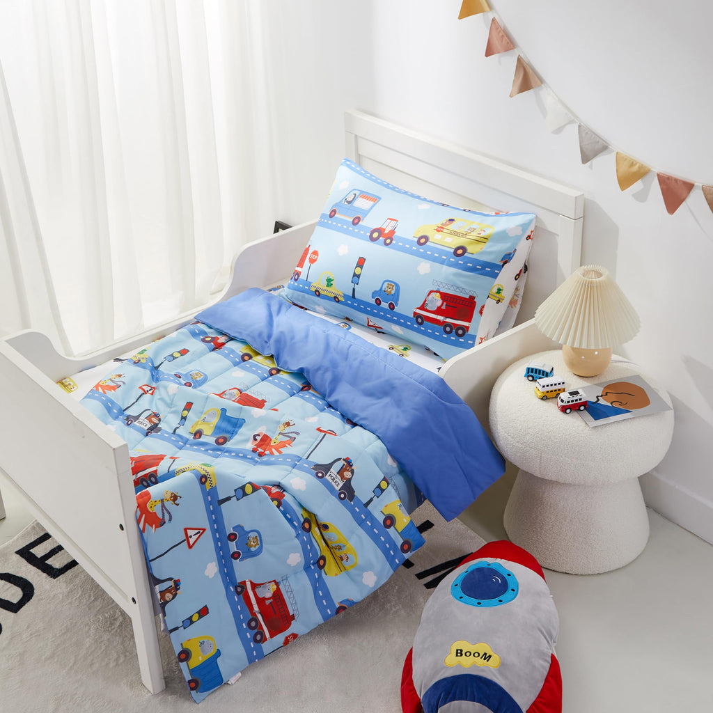 4-Piece Toddler Bedding Set, Includes 1 Flat Sheet, 1 Fitted Sheet, 1 Comforter and 1 Reversible Pillowcase, Standard