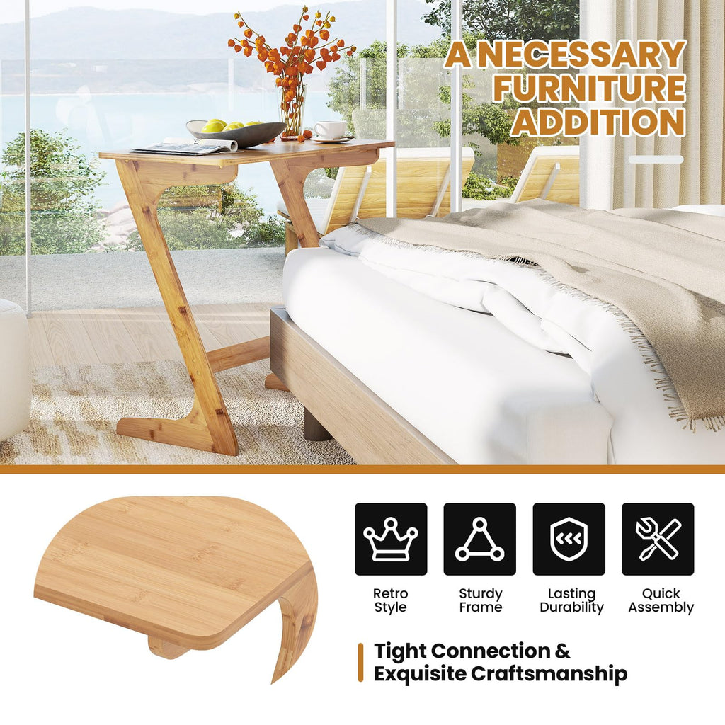 Bamboo TV Tray Sofa Side Table, Z-Shaped Couch Table with 30" x 16" Tabletop, Space-Saving Snack Laptop Desk, Quick