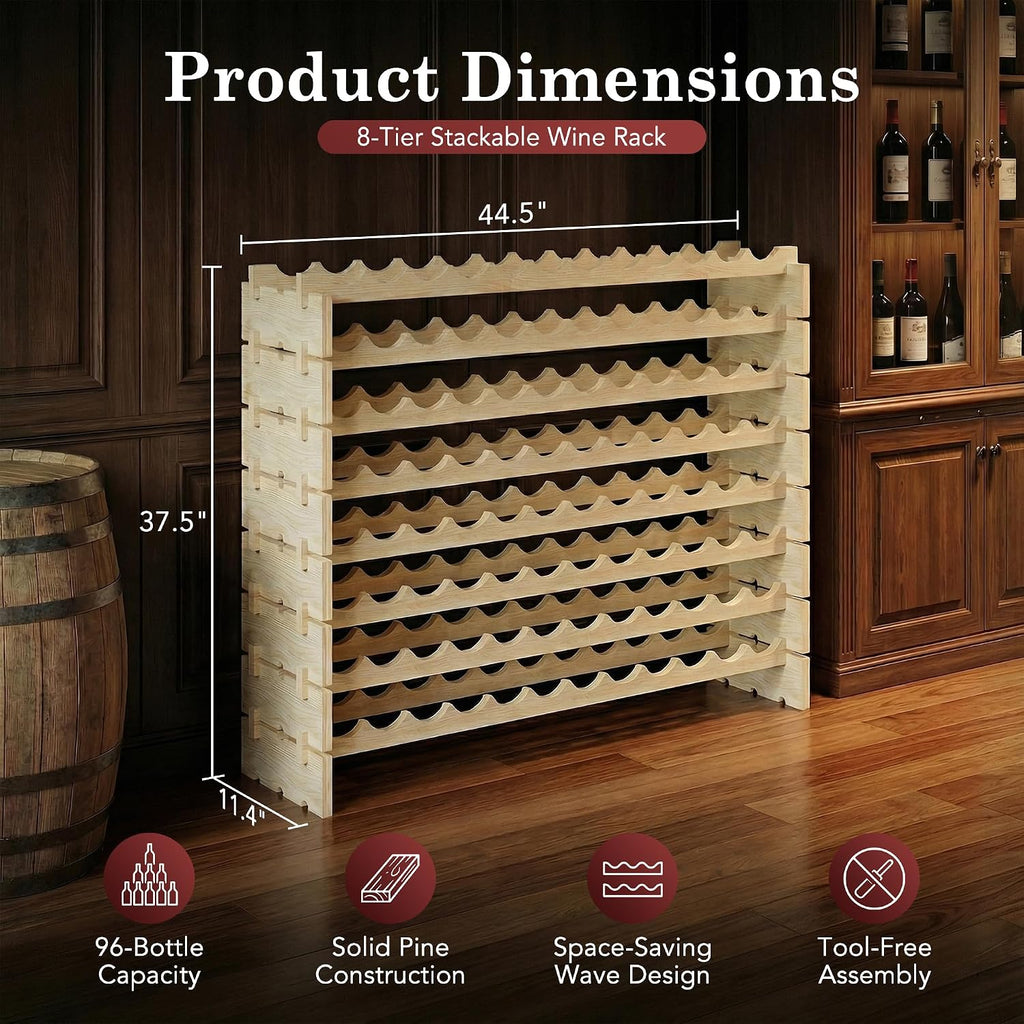 96 Bottles Stackable Modular Wine Rack, 8-Tier Wooden Wine Storage Rack Freestanding Wine Holder Display Shelves