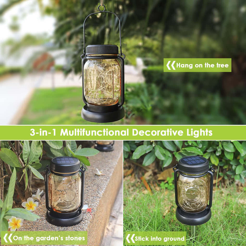 4 Pack Solar Mason Jar Hanging Lantern with Stakes, Warm White
