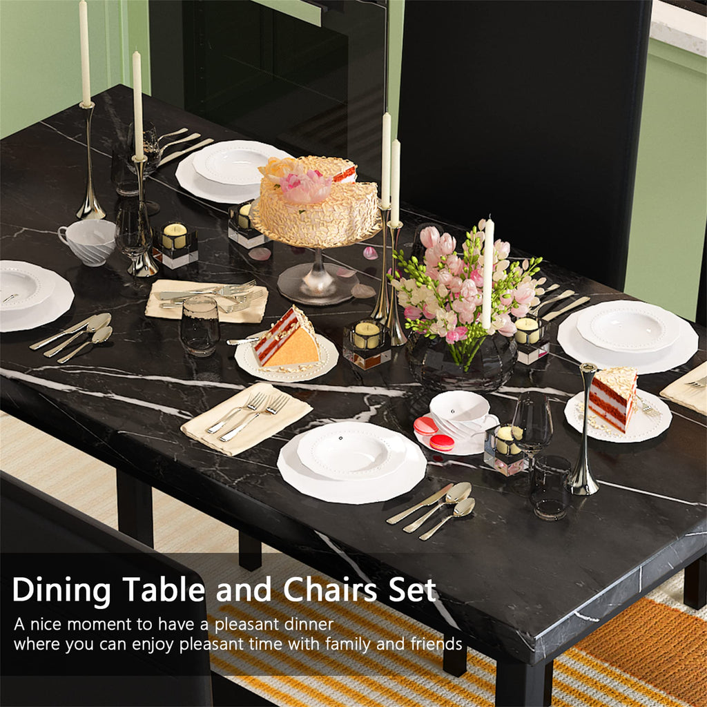 Dining Table Set for 4, Kitchen Table and Chairs Set with Faux Marble Tabletop & 4 Leather Upholstered Chairs Dining
