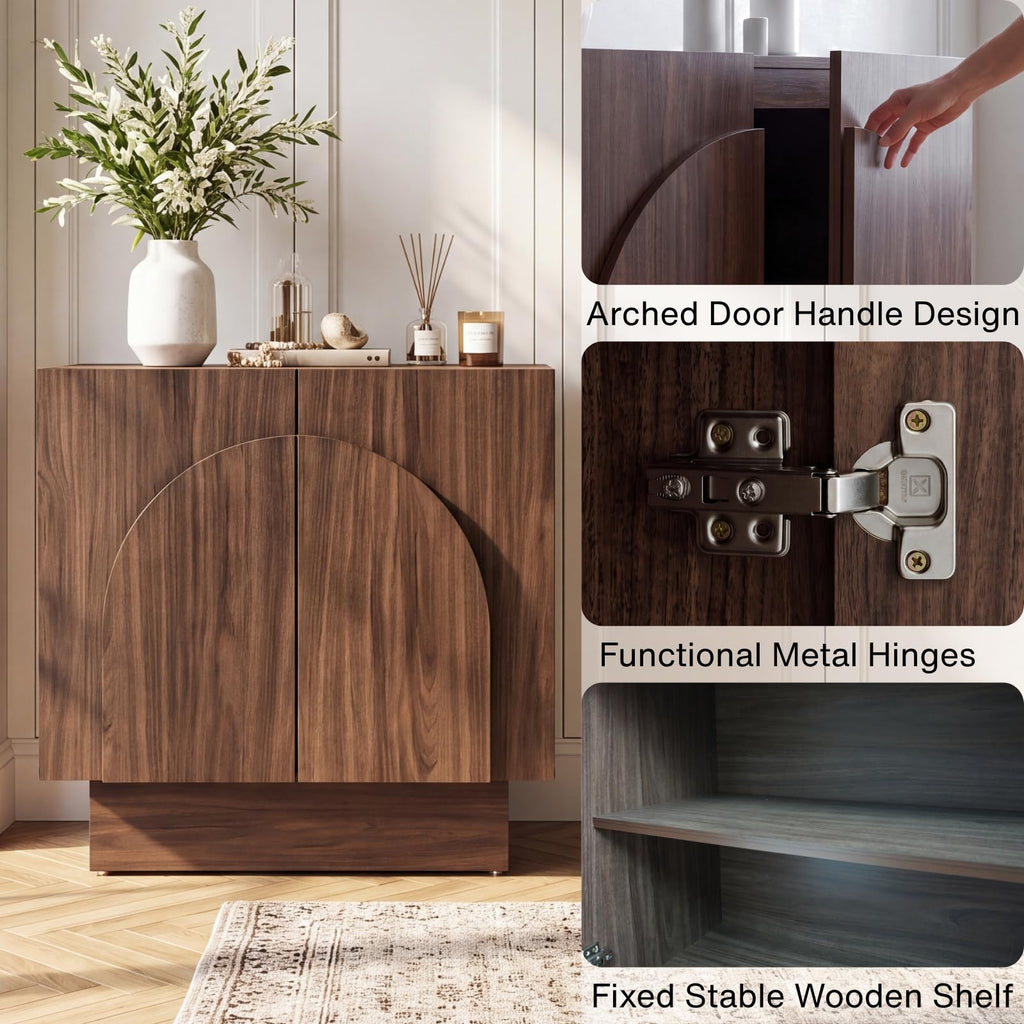 Walnut Sideboard Buffet Cabinet with Storage, 31.5" Modern Sideboard Cabinet with Arched Doors & Shelf, Farmhouse
