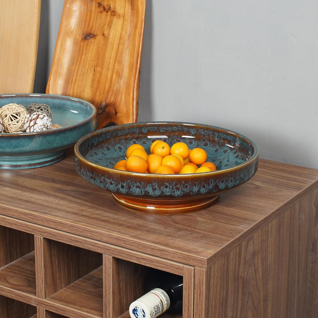 Ceramic Fruit Bowl Counter,Decorative Pedestal Bowl for Table Countertop,Large Footed Serving Bowl,10.2 Inch (peacock