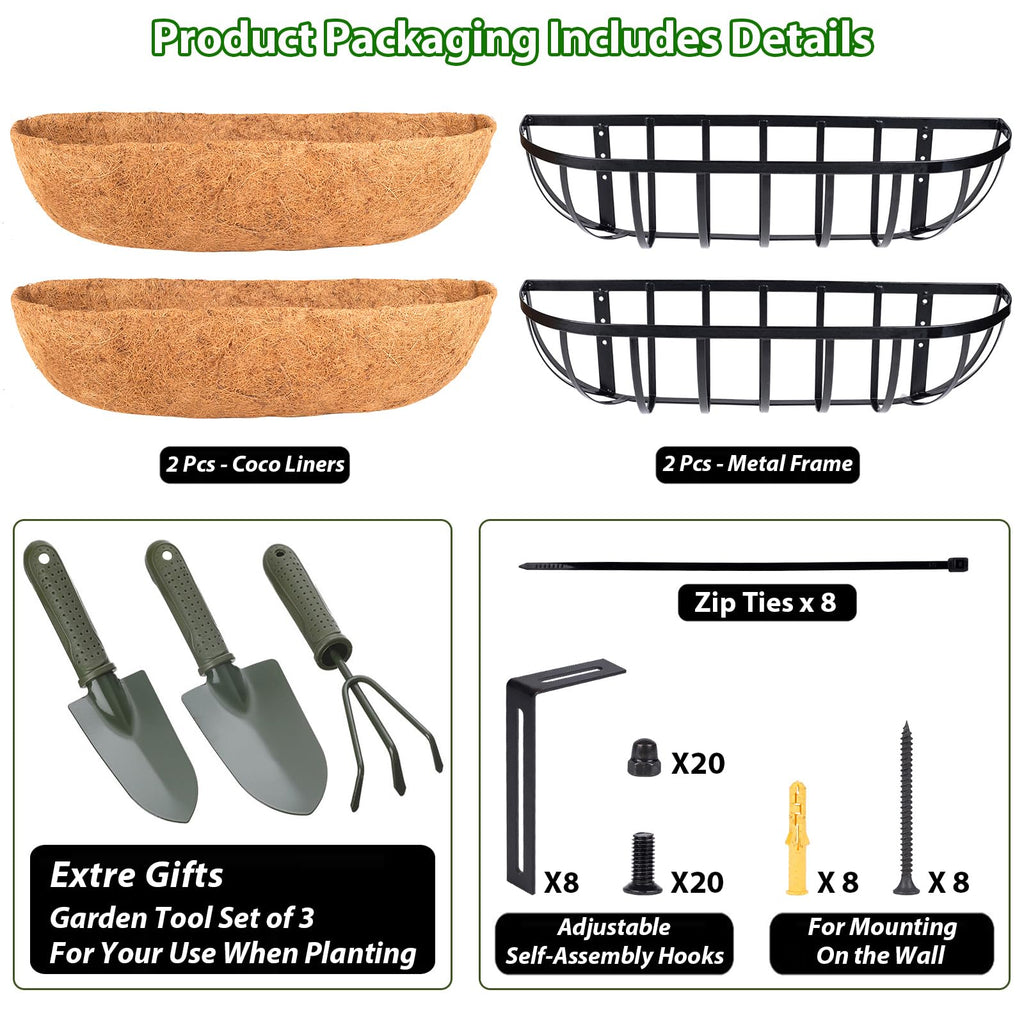 Railing Planter Window Box - 2 Pack 30 Inch Deck Balcony Rail Planter with Coconut Coir Liner, Fence Metal Hanging