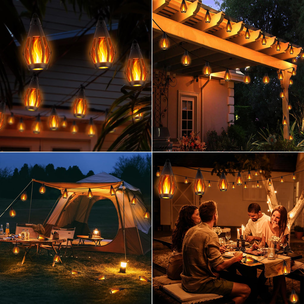Solar Flame String Lights, 42FT 15 LED Bulbs Waterproof, Warm White
