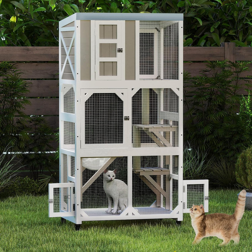 Large Wooden Window Catio Outdoor Cat Enclosure on Wheels