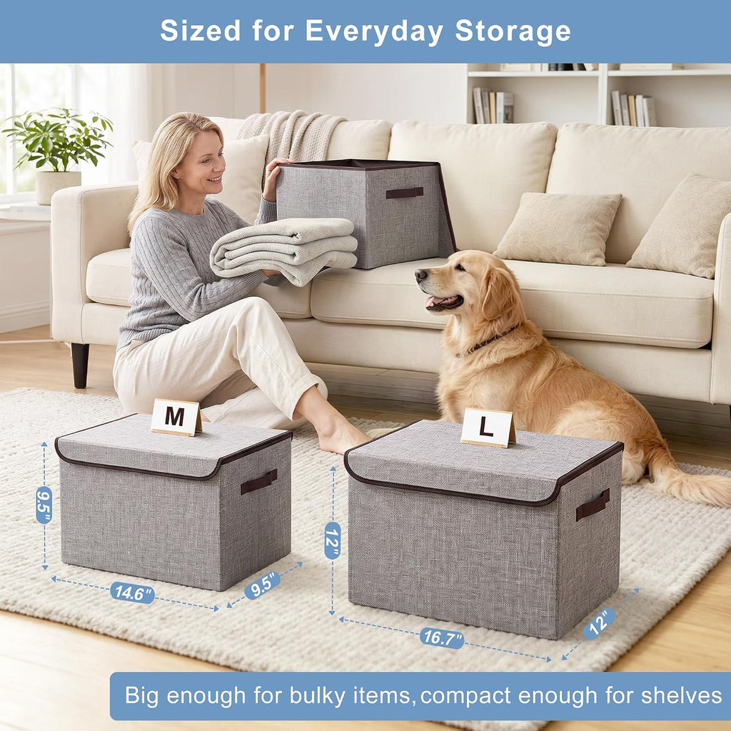Large 17" 42 Quarts Collapsible Stackable Storage Bins with Lids [3-Pack] Foldable Fabric Linen Storage Boxes Cube