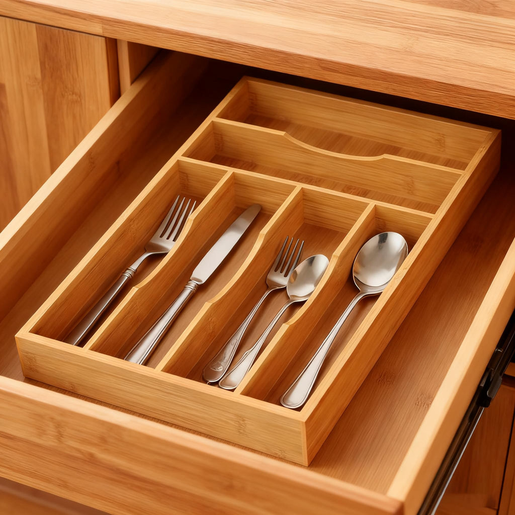 Bamboo Silverware Organizer, Bamboo Kitchen Drawer Cutlery Organizer, Utensil Holder, Flatware Organizer Tray
