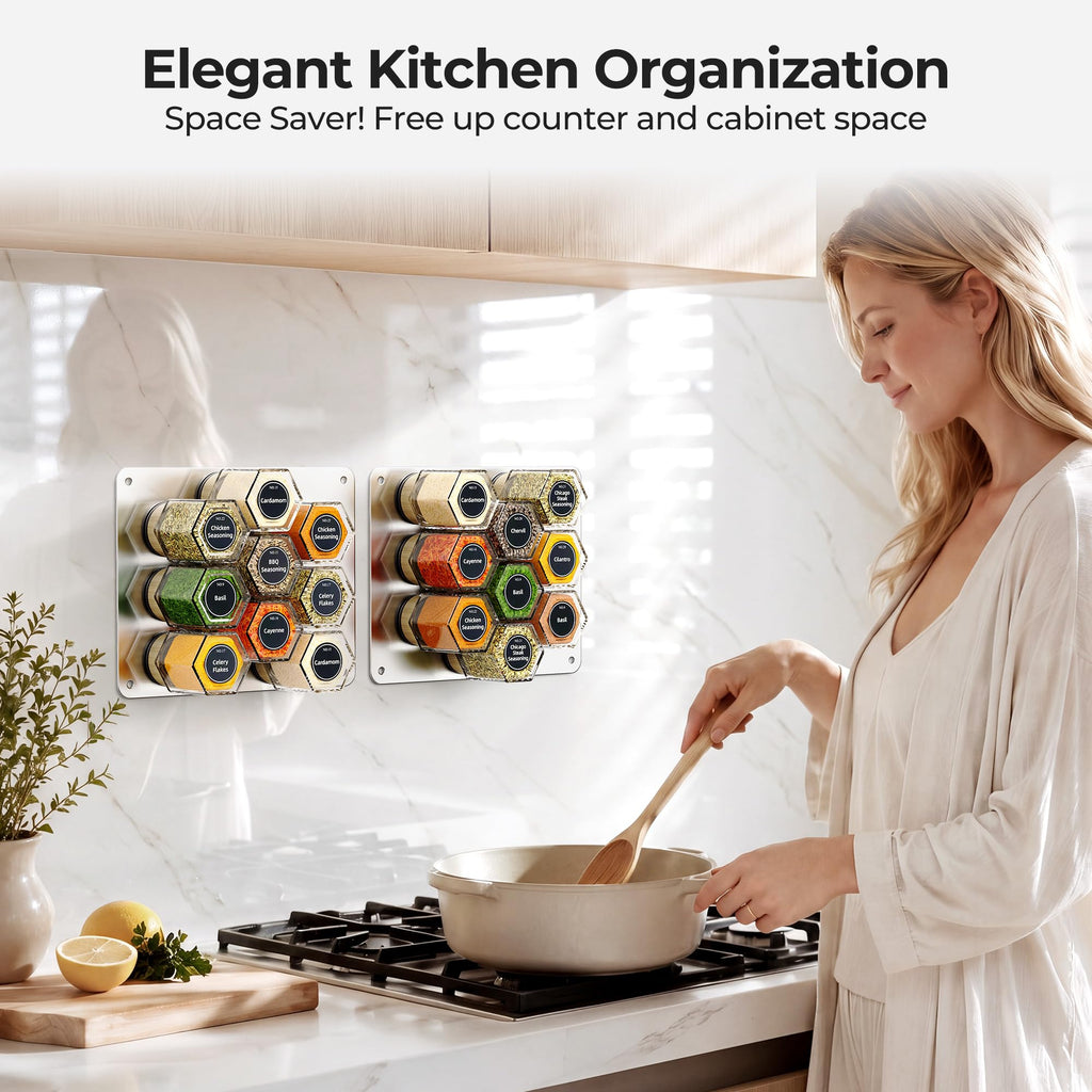 Set of 18 Magnetic Glass Spice Tins with 100 Preprinted Seasoning Label Stickers (Include Black Metal Wall-Plates)