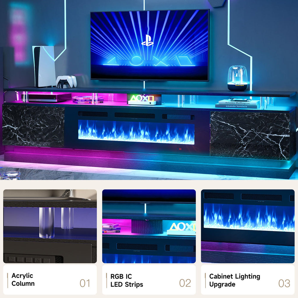80" Modern Fireplace TV Stand Entertainment Center, Marble Black
