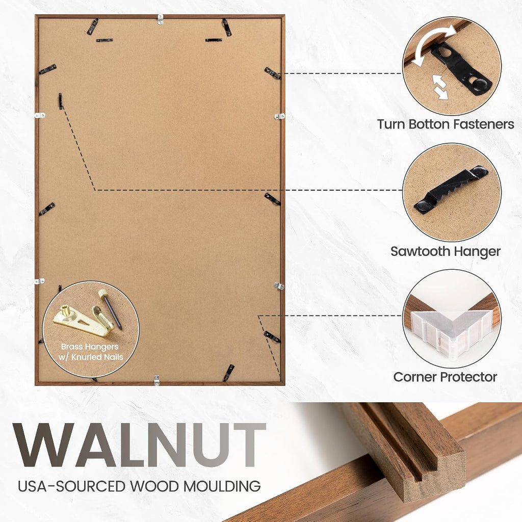 24x36 Poster Frame, USA-Sourced Natural Walnut Wood Picture Collage Frame with HD Tempered Glass, Modern Simple 24 x