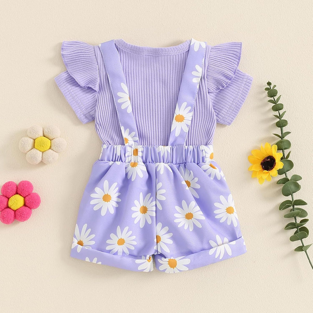 Newborn Baby Girl Clothes Summer Outfit Short Sleeve Ribbed Romper Floral Suspender Overalls Shorts Set