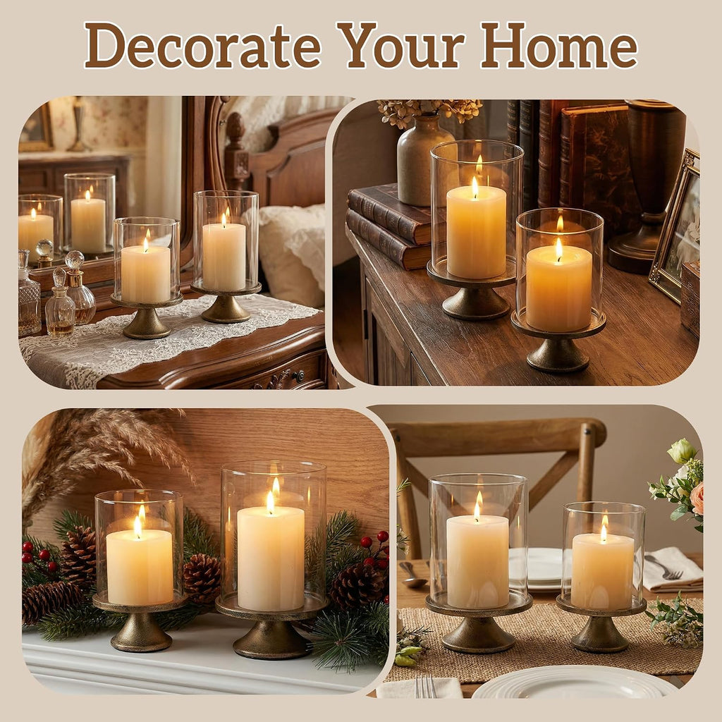 Set of 2 Hurricane Candle Holder Set with Glass Dome & Iron Base - Elegant Decorative Pillar Candle Holders