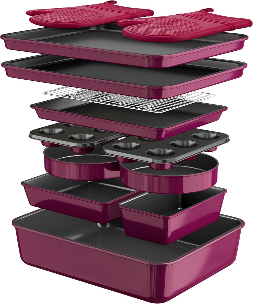 13-Piece Pans Set, Nonstick Bakeware Sets, Plum | Includes Cookie Sheet with Rack, Cake Pan, Loaf Pan, Roasting Pan