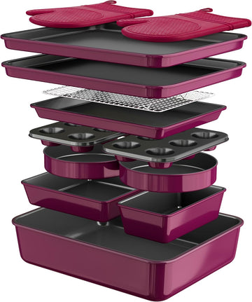 13-Piece Pans Set, Nonstick Bakeware Sets, Plum | Includes Cookie Sheet with Rack, Cake Pan, Loaf Pan, Roasting Pan