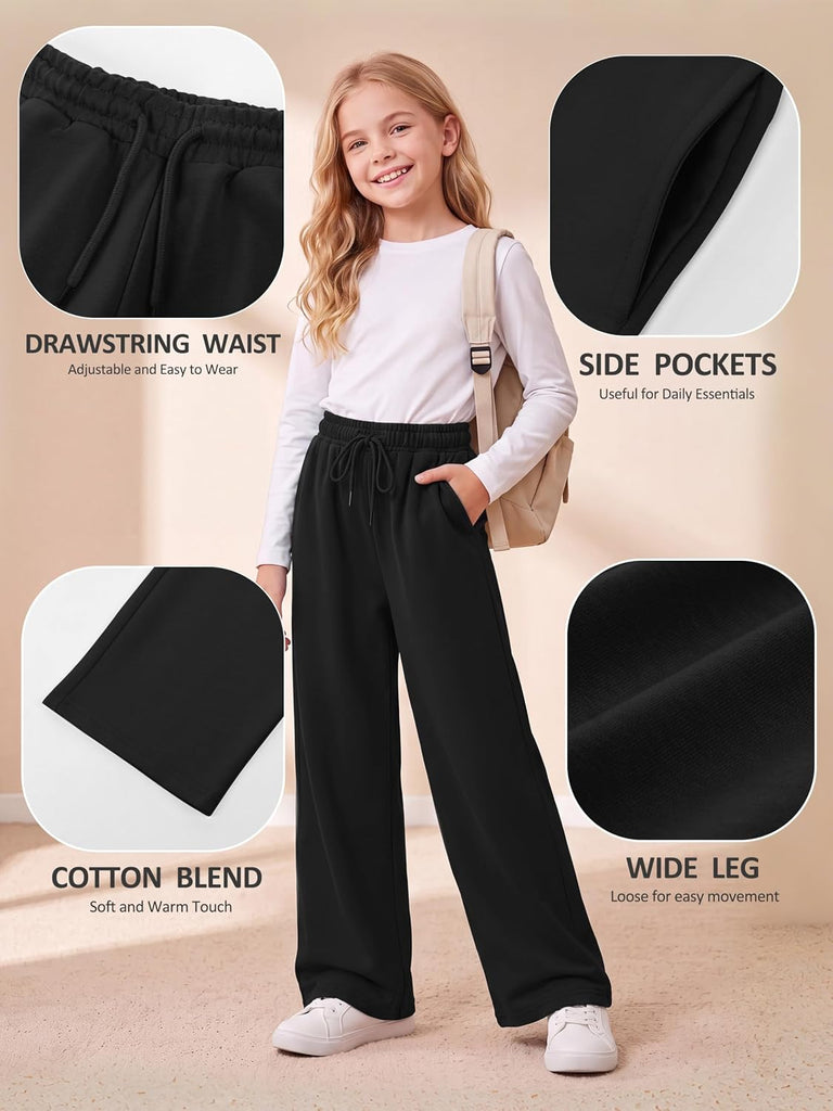 3 Pack Girls Wide Leg Sweatpants Drawstring Baggy Athletic Joggers