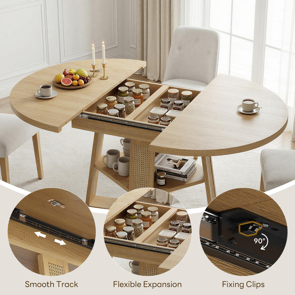 Dining Table, 43"-59" Extendable Round Table with Storage, Natural