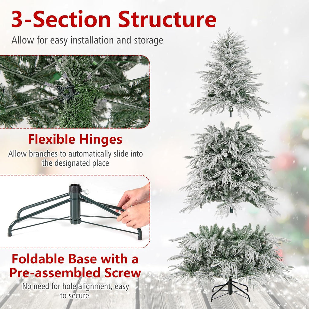 Pre-Lit Snow Flocked Christmas Tree, Artificial Hinged Xmas Tree with 820 PE & PVC Mixed Branch Tips, 340 Warm