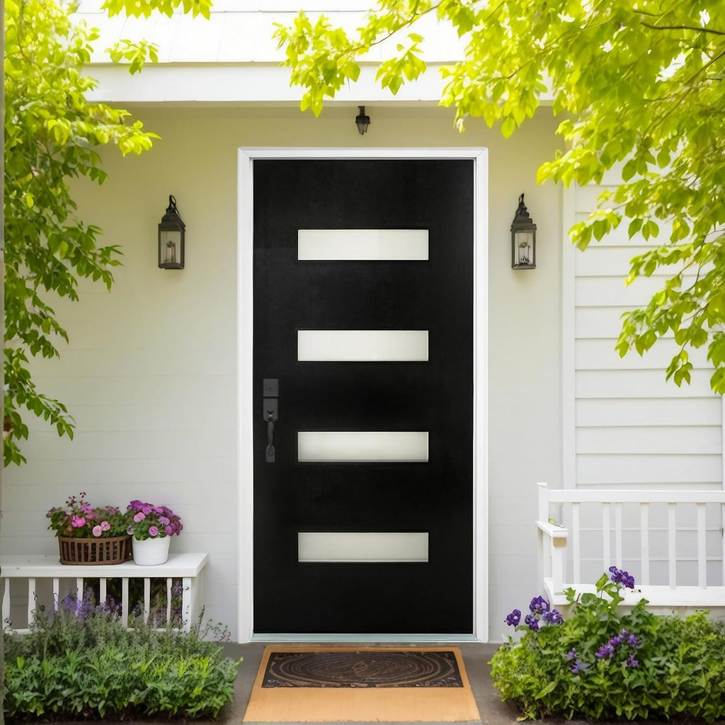 36" x 80" Fiberglass Front Entry Door, Frosted Glass, Wood Grain Black Finish, Solid Reinforced Core, Not Prehung