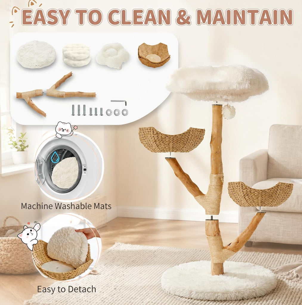 44.5-Inch Natural Wood Cat Tree with 2 Handwoven Baskets