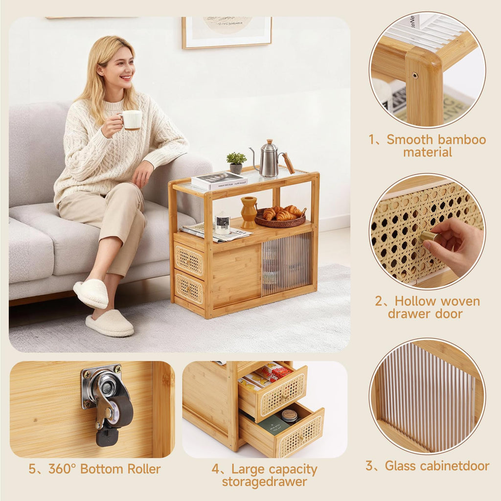 Rattan Nightstand, Bamboo with Glass Top & Storage, Wood