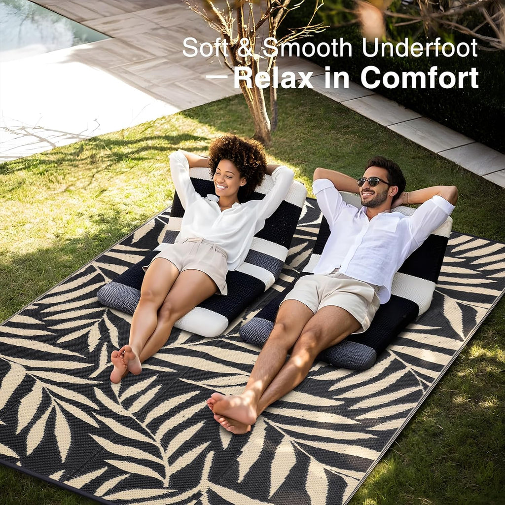 Outdoor Rug Waterproof Reversible Leaf Mat, Black & Beige