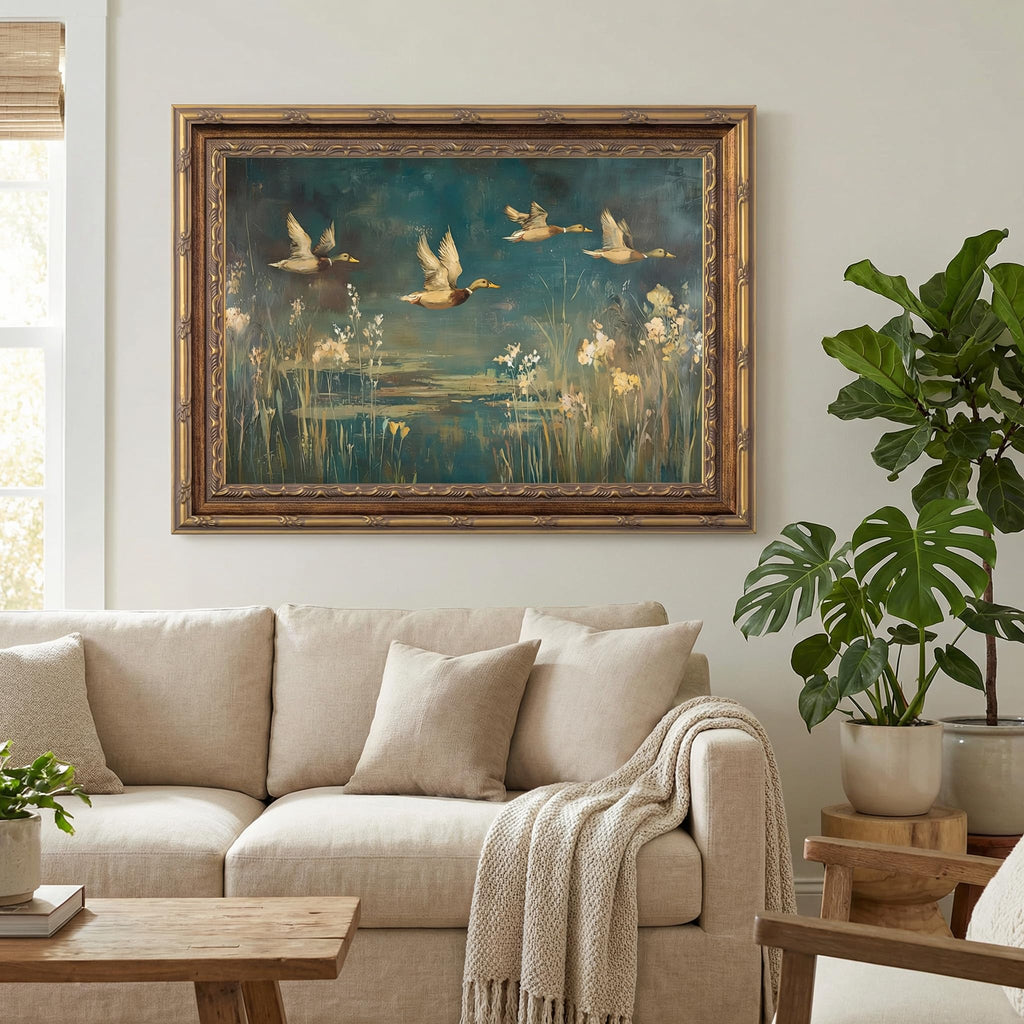Mallard Duck Wall Art, Teal Brown Vintage Rustic Cabin Lake Print