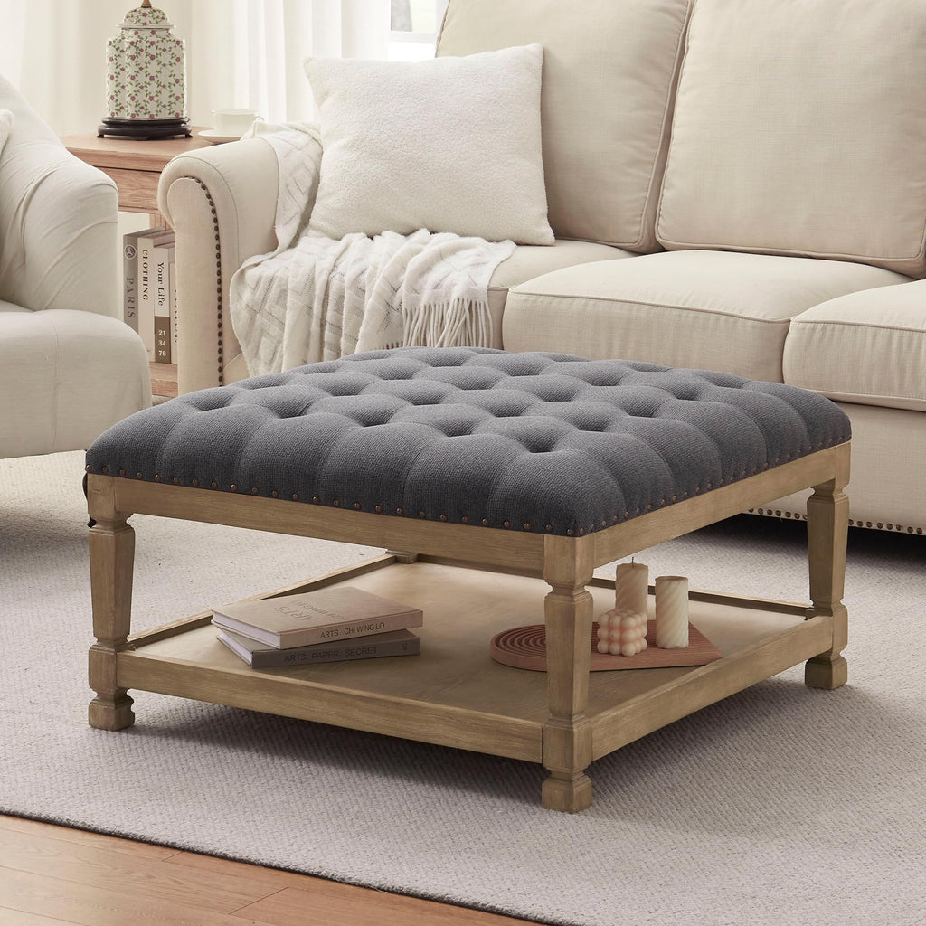 Ottoman Coffee Table, Square Wooden Upholstered Tufted Ottoman Foot Rest with Storage, Padded Linen Coffee Tables for