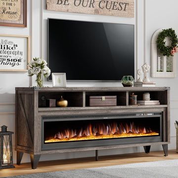 65" with 60" Glass Electric Fireplace, Industrial & Farmhouse Media Entertainment Center with Open Shelve Storage for
