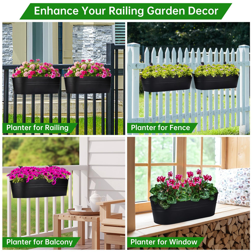 Railing Planter Box, 16" Large Hanging Planters for Outdoor Plants, 3 Pack