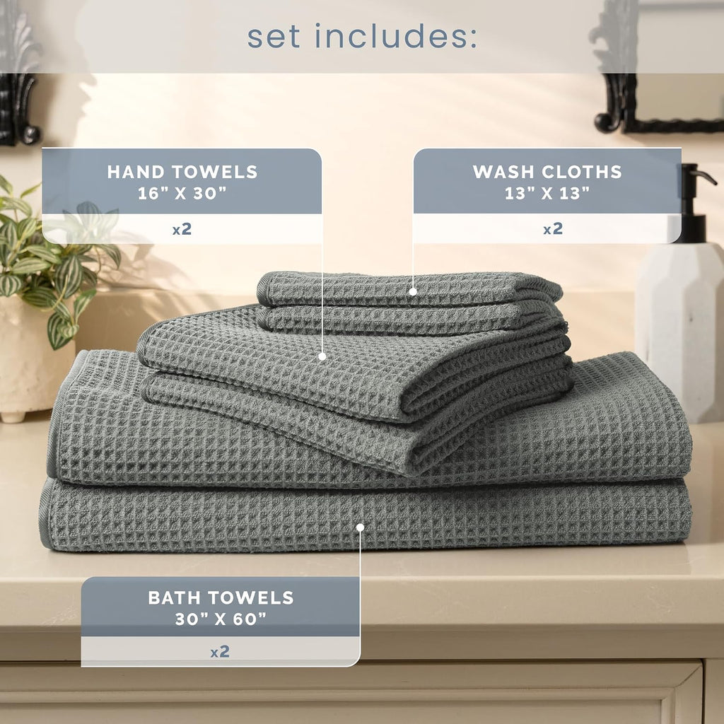 Aura Waffle Bath Towel Set, 6 Pieces, Grey | 2 Bath Towels, 2 Hand Towels, 2 Wash Cloths, Absorbent Microfiber