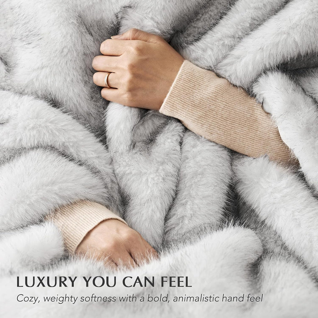 Luxury Faux Fur Throw Blanket, 60"x80", Frosted White Wolf | Fluffy Faux Mink Blanket, Soft Cozy Plush, Thick Warm