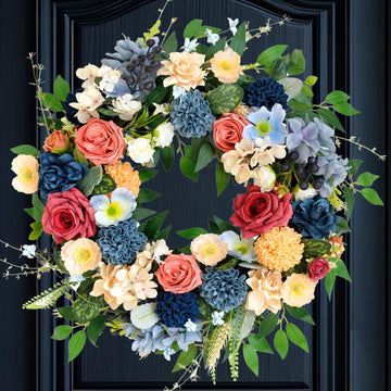22 inch Spring Wreath Artificial Flower Wreaths Spring Summer Yellow Blue Rose Hydrangea Wreaths Front Door Hallway