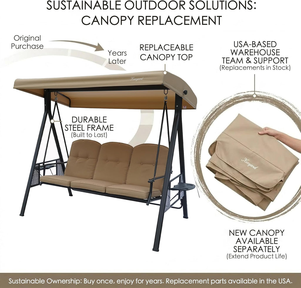 Herbert Deluxe 3-Seat Patio Porch Swing Chair with Stand | Adjustable Canopy, Outdoor Freestanding Swing Chair for
