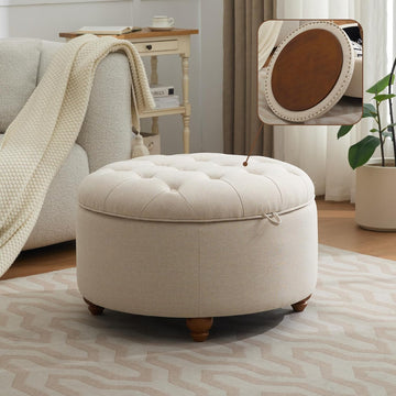 30Inch Round Storage Ottoman with Tray, Modern Tufted Fabric Circle Coffee Table with Storage, Upholstered Ottoman