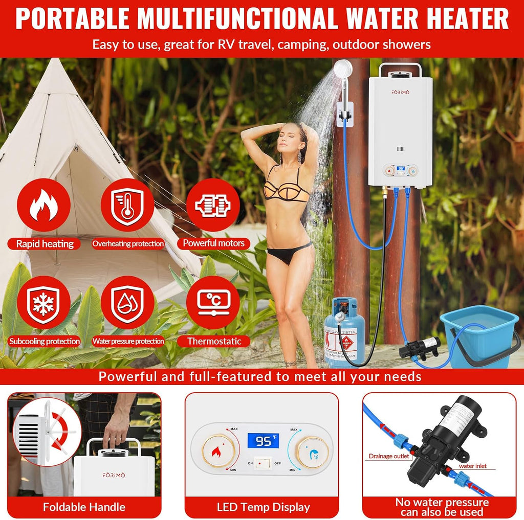 Tankless Water Heater Propane, 3.18GPM 12L Outdoor Portable water heater, with 2 GPM Water Pump
