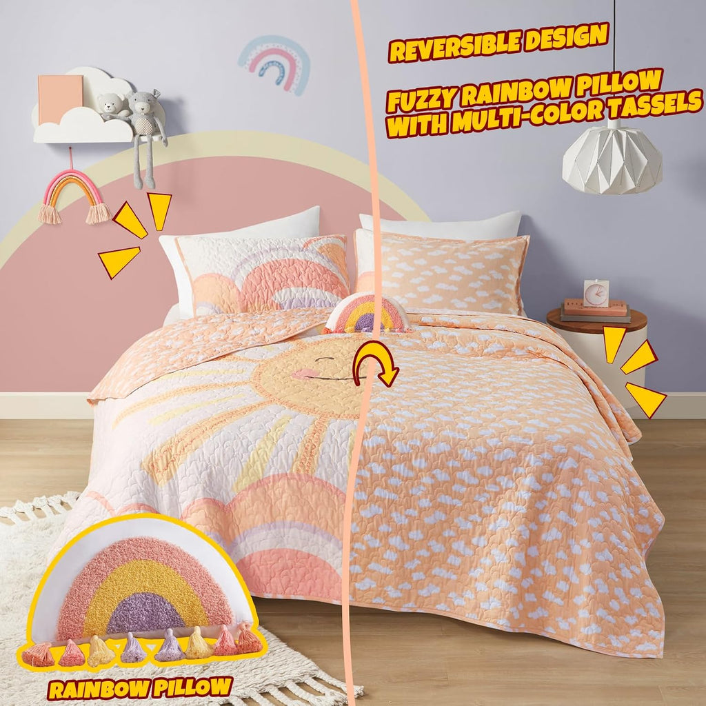 Kids Twin Quilt Bedding Set, Cotton Coverlet Sun Girls Bedding Set Rainbow & Clouds Reversible Dawn Light & Breathable Sham Throw Pillow Twin Yellow/Coral 3 Piece
