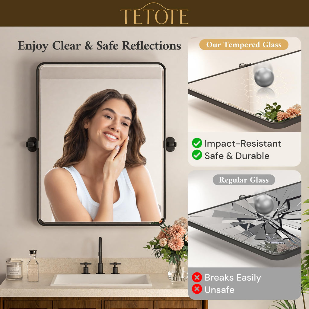 Pivot Mirror 16 x 20 Matte Black Tilt Beveled Rectangle Metal Framed Pivoting Bathroom Vanity Mirror, Modern