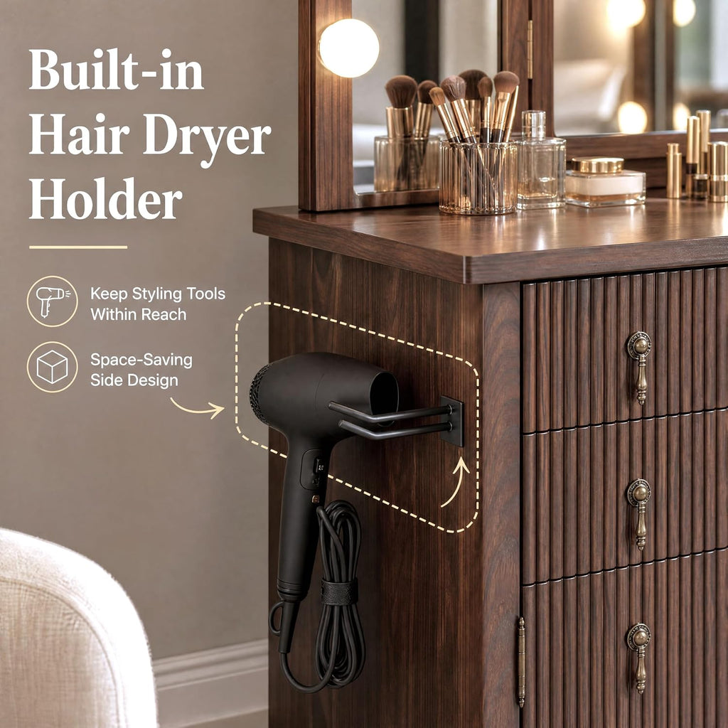 Vanity Desk with Mirror and Lights, Tri-Fold Fluted Makeup Vanity,Walnut | Power Outlet, Glass Top &,Wooden, Dressing
