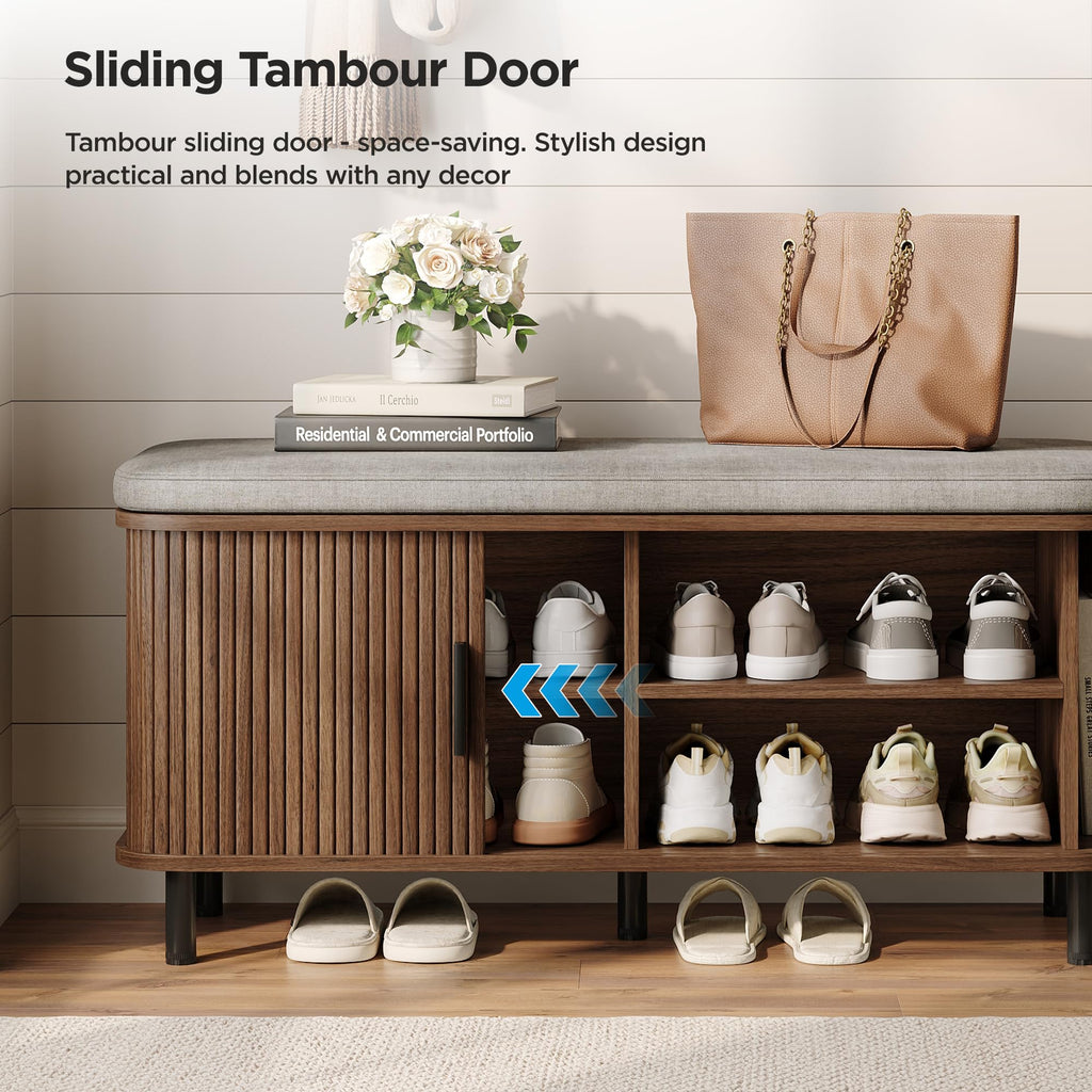 39" Upholstered Shoe Storage Bench, Entryway Bench with Linen Seat Cushion, 2 Tier Hidden Shoe Rack with Adjustable