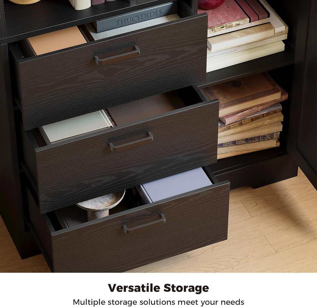 Bookshelf, 70.9 Inch Tall Bookcase, Black Book Shelf with Doors and 3 Drawers, 3-Tier Bookshelves with 6 Open Cubes