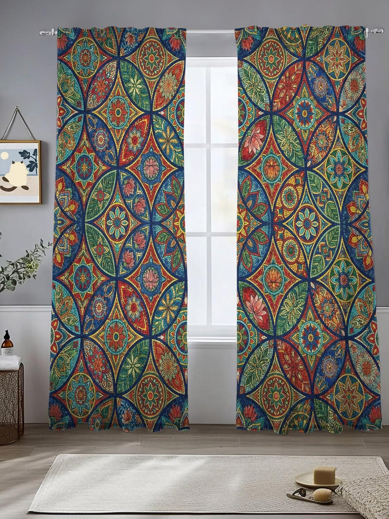 Vintage Boho Sheer Curtains 96 Inch Length 2 Panels, Ethnic Floral Geometric Green Blue Red Voile Kitchen Curtain Set